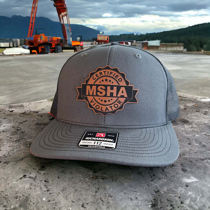 Certified MSHA Violator funny patch hat for miners by BubbleHead Ink