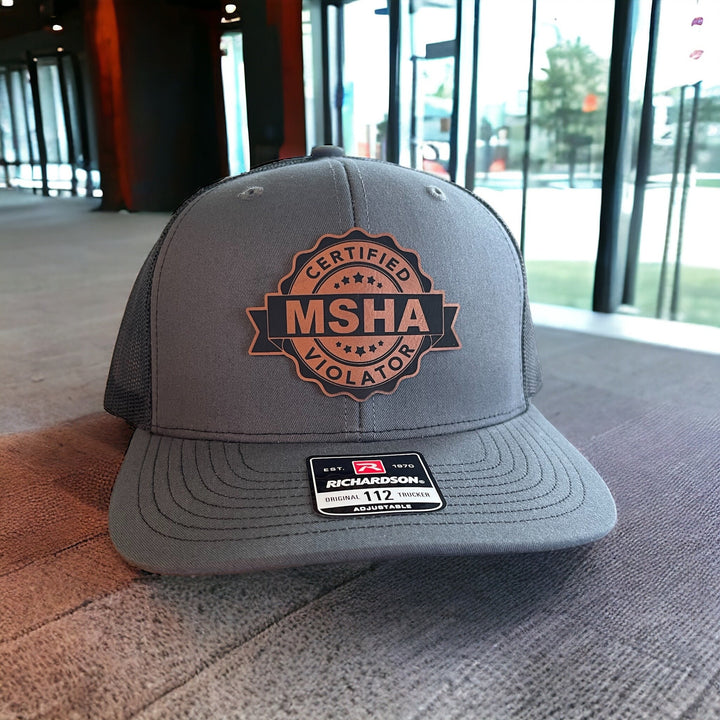 Certified MSHA Violator funny patch hat for miners by BubbleHead Ink