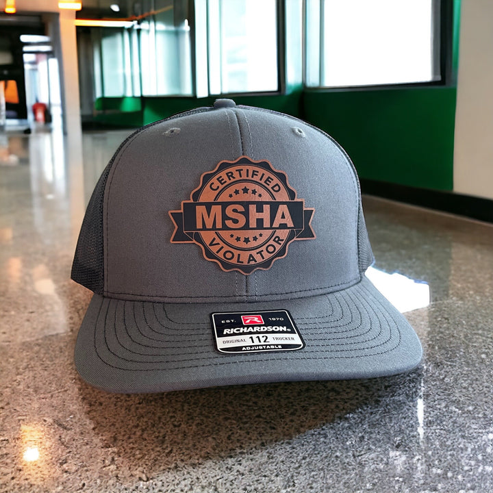 Certified MSHA Violator funny patch hat for miners by BubbleHead Ink