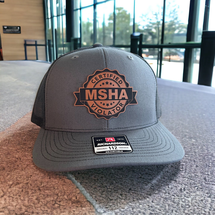 Certified MSHA Violator funny patch hat for miners by BubbleHead Ink