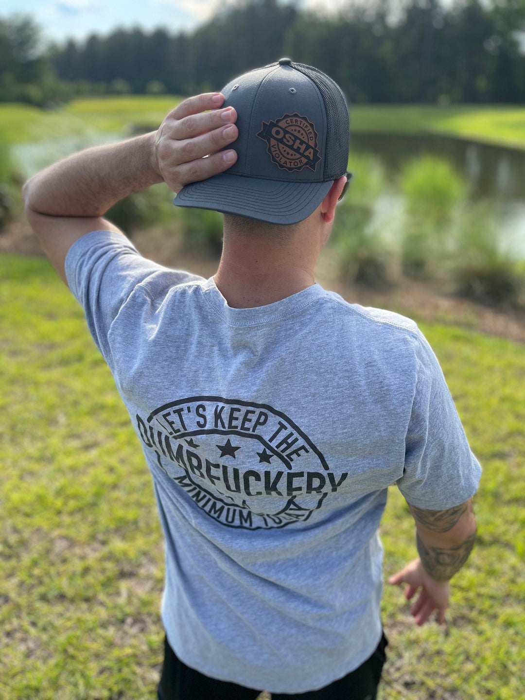 Certified OSHA Violator funny trucker hat with leather patch by BubbleHead Ink