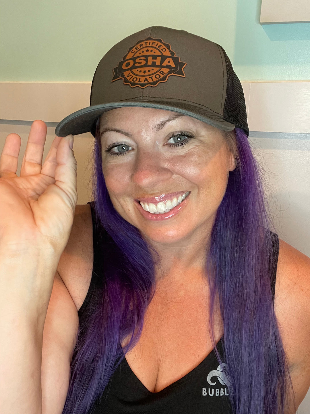 Certified OSHA Violator trucker hat in grey, front view, by BubbleHead Ink
