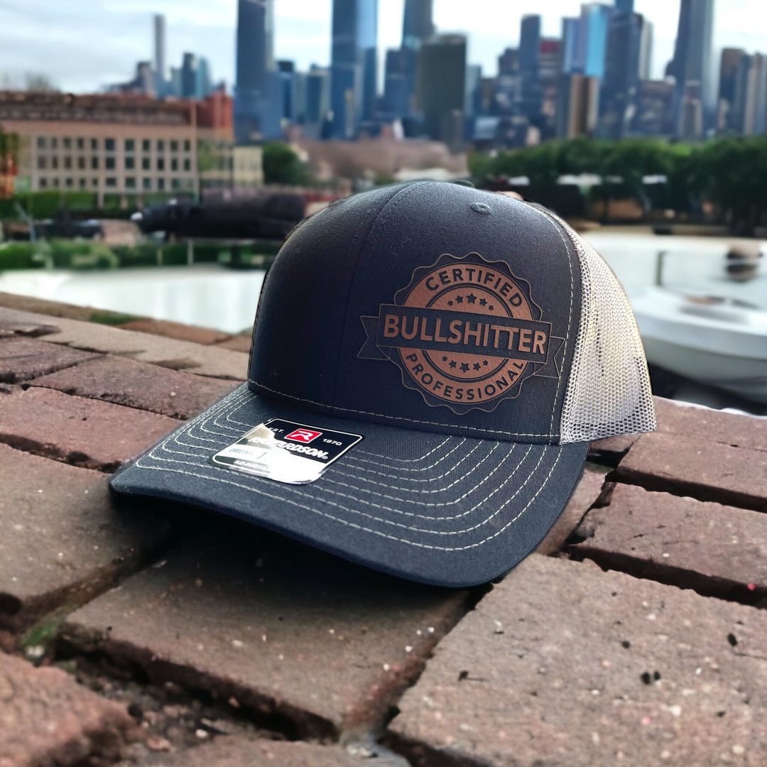 Certified Professional Bullshitter funny trucker hat with leather patch by BubbleHead Ink