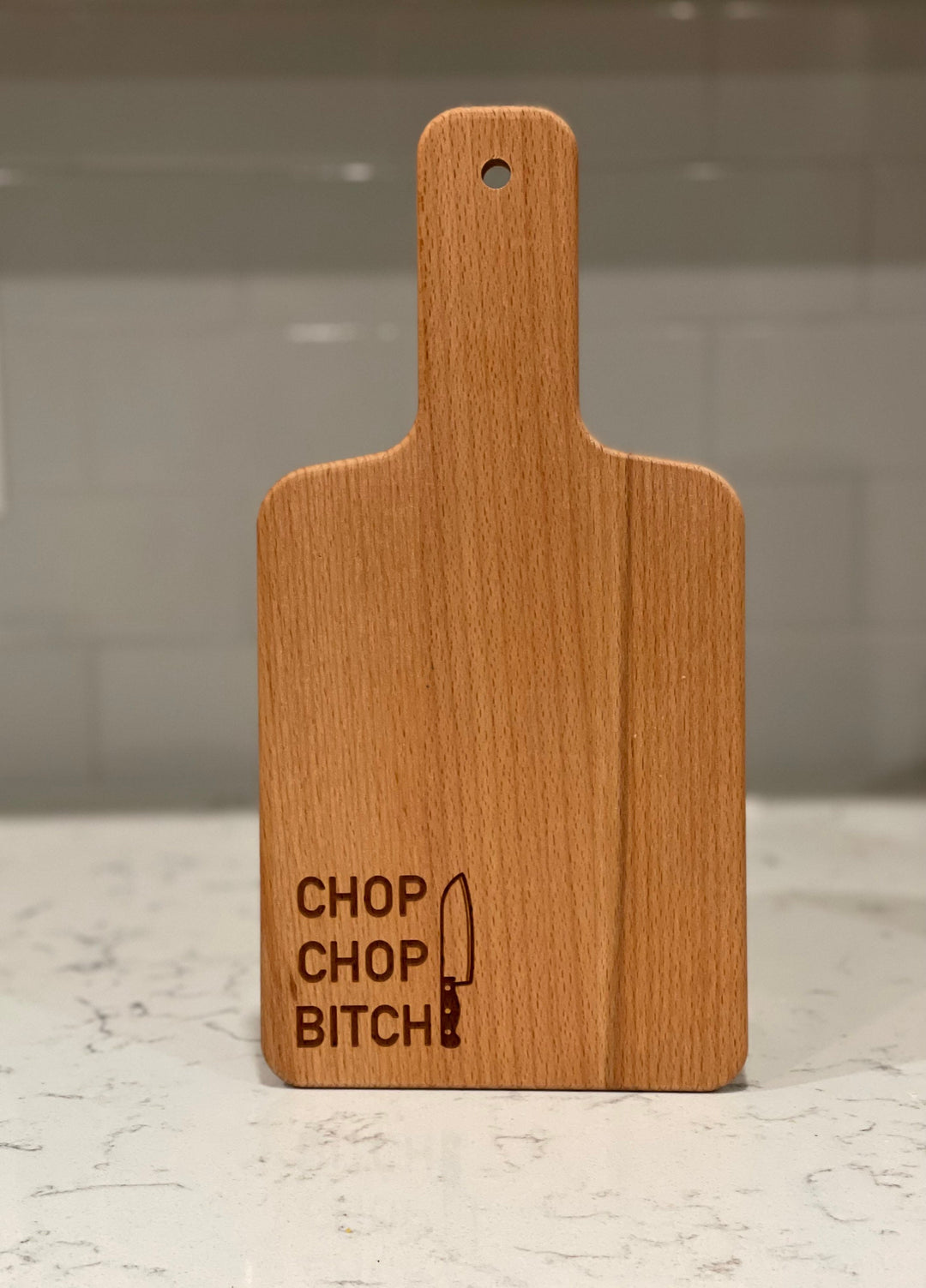 Chop Chop funny engraved cutting board housewarming gift by BubbleHead Ink