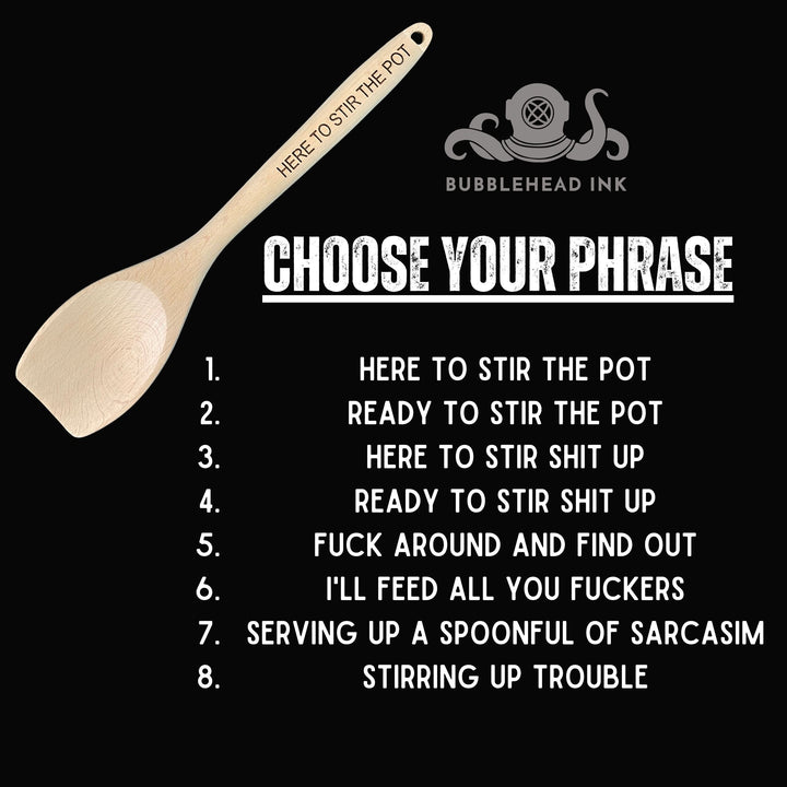 Custom engraved wooden spoon personalized with your phrase by BubbleHead Ink