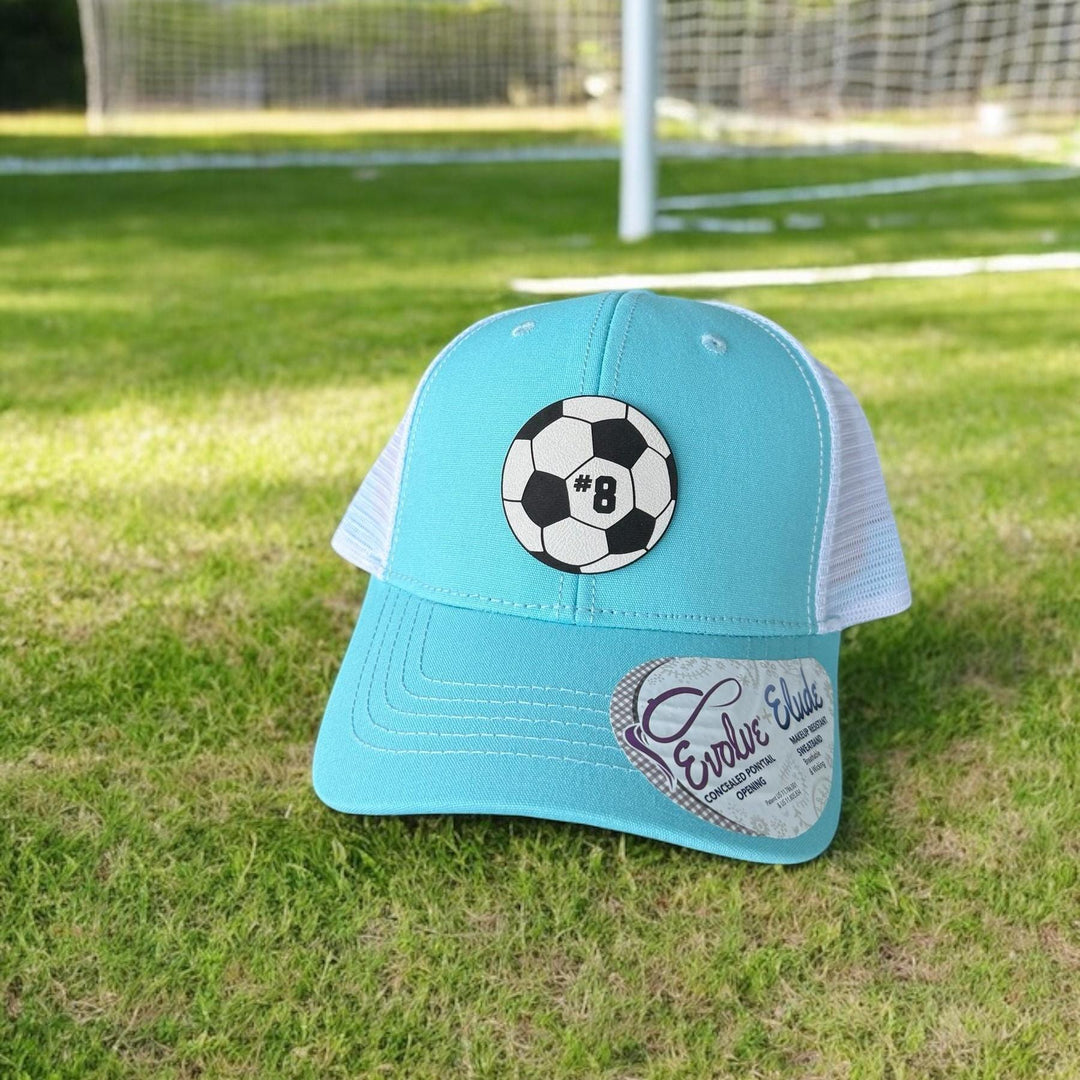 Custom soccer mom ponytail trucker hat with leather patch by BubbleHead Ink