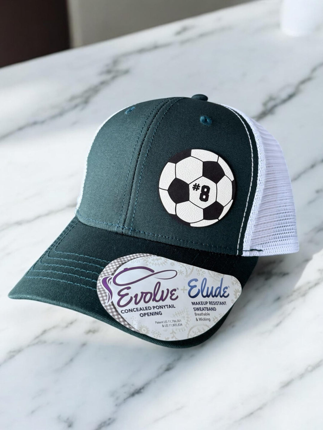 Custom soccer mom ponytail trucker hat with leather patch by BubbleHead Ink