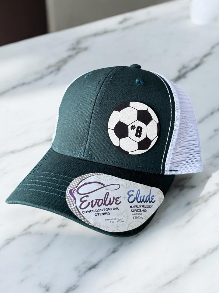 Custom soccer mom ponytail trucker hat with leather patch by BubbleHead Ink