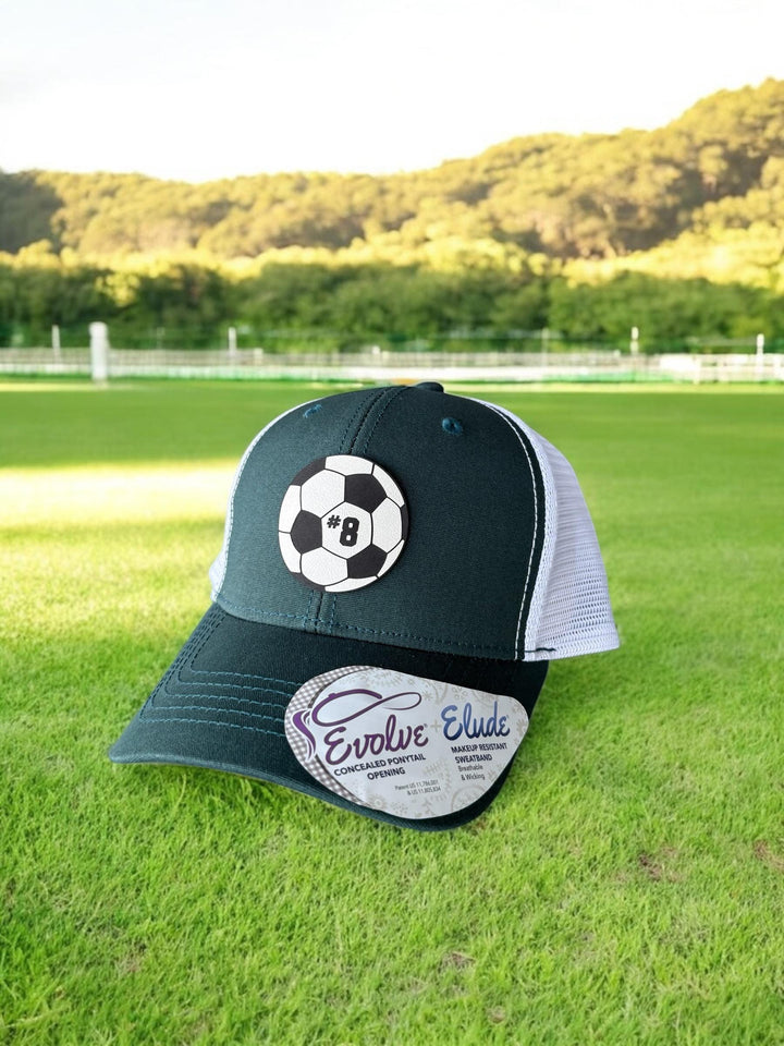 Custom soccer mom ponytail trucker hat with leather patch by BubbleHead Ink