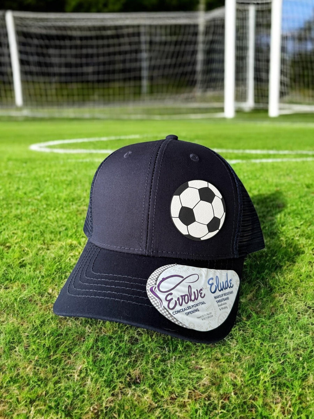 Custom soccer mom ponytail trucker hat with leather patch by BubbleHead Ink