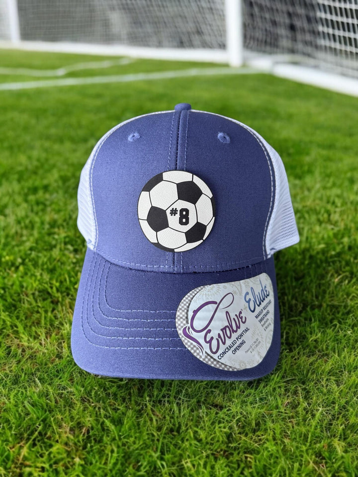 Custom soccer mom ponytail trucker hat with leather patch by BubbleHead Ink