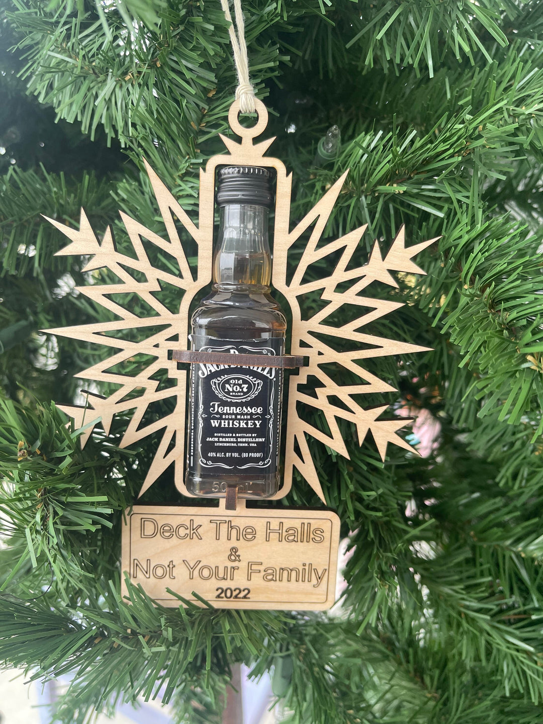 Deck The Halls and Not Your Family funny mini bottle ornament by BubbleHead Ink