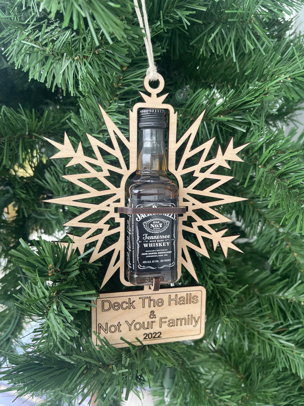 Deck The Halls and Not Your Family funny mini bottle ornament by BubbleHead Ink