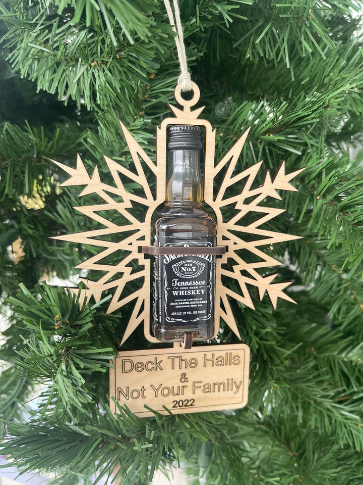 Deck The Halls and Not Your Family funny mini bottle ornament by BubbleHead Ink