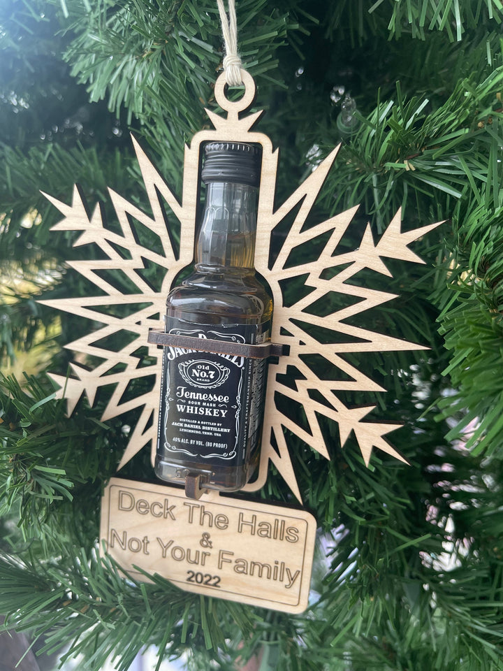 Deck The Halls and Not Your Family funny mini bottle ornament by BubbleHead Ink