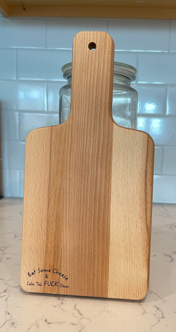 Eat Some Cheese funny custom charcuterie board by BubbleHead Ink