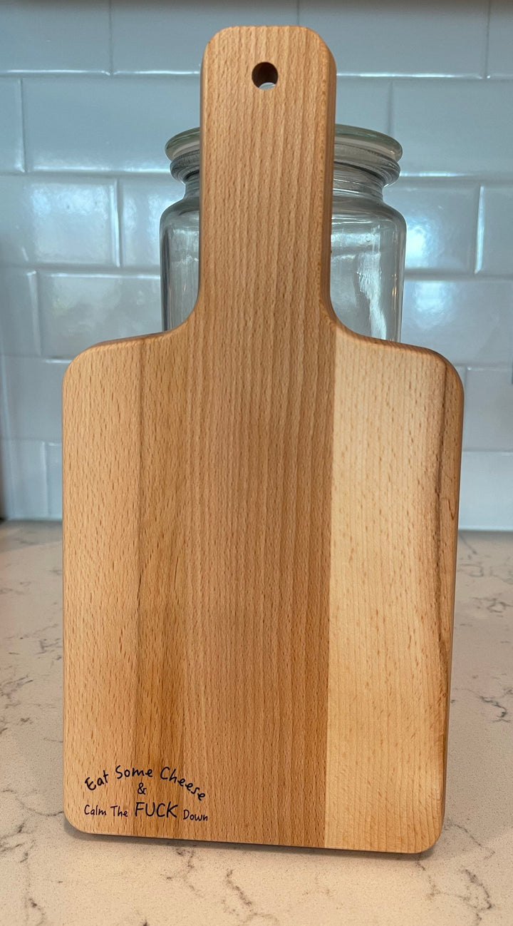 Eat Some Cheese funny custom charcuterie board by BubbleHead Ink