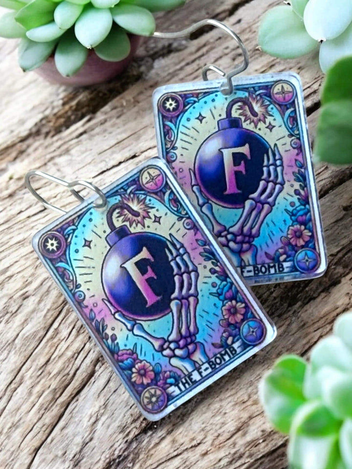 Quirky F-Bomb skeleton Halloween tarot card earrings by BubbleHead Ink