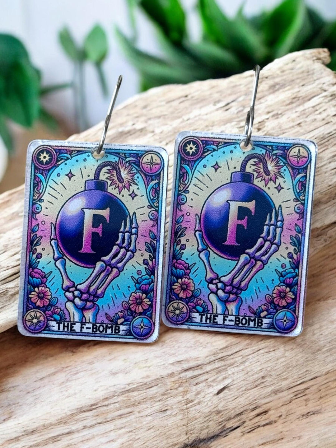 Quirky F-Bomb skeleton Halloween tarot card earrings by BubbleHead Ink