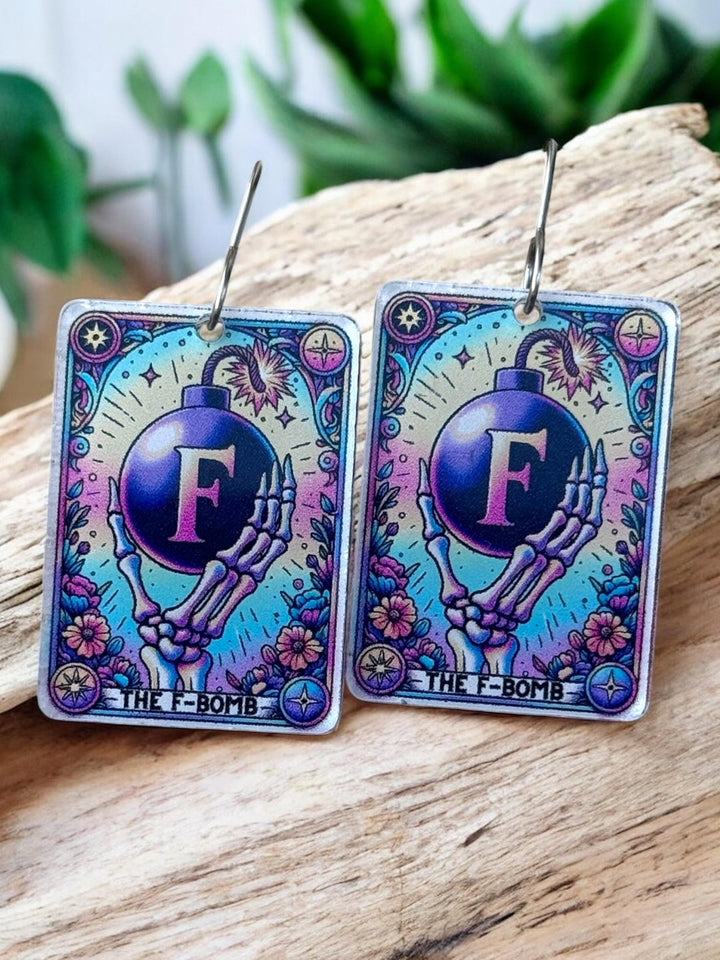 Quirky F-Bomb skeleton Halloween tarot card earrings by BubbleHead Ink
