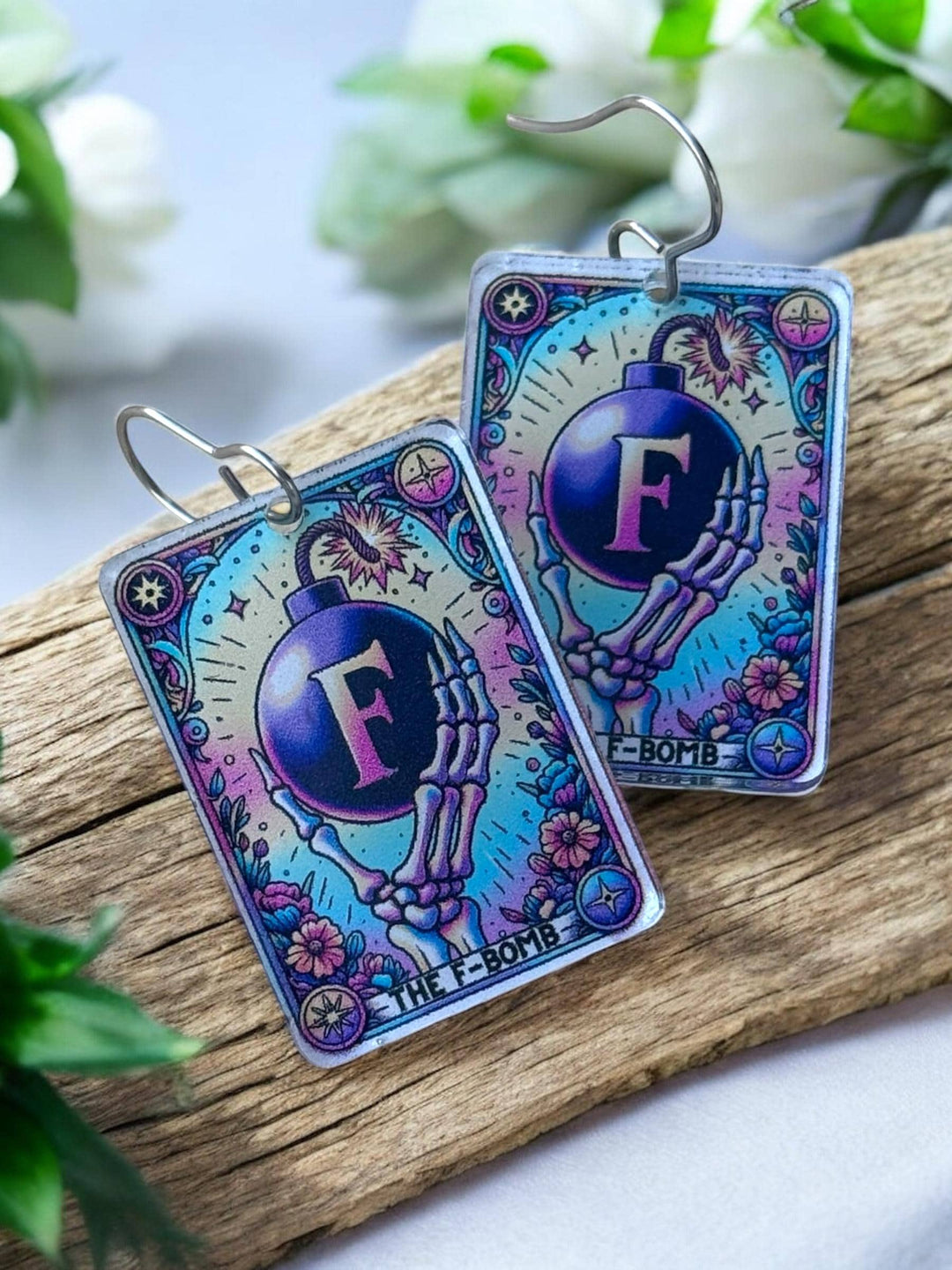 Quirky F-Bomb skeleton Halloween tarot card earrings by BubbleHead Ink