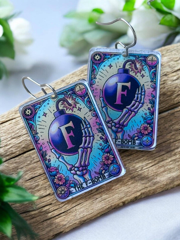 Quirky F-Bomb skeleton Halloween tarot card earrings by BubbleHead Ink