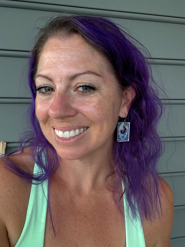 Quirky F-Bomb skeleton Halloween tarot card earrings by BubbleHead Ink
