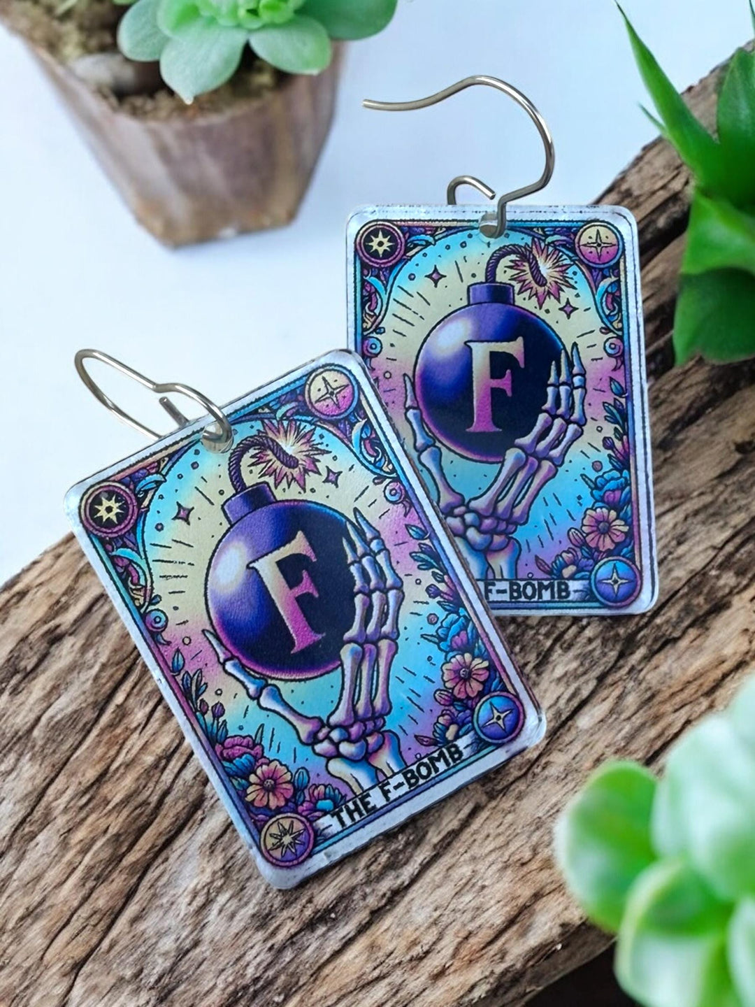 Quirky F-Bomb skeleton Halloween tarot card earrings by BubbleHead Ink