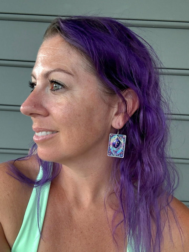 Quirky F-Bomb skeleton Halloween tarot card earrings by BubbleHead Ink