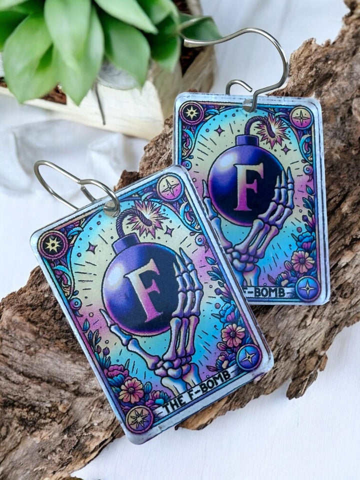 Quirky F-Bomb skeleton Halloween tarot card earrings by BubbleHead Ink