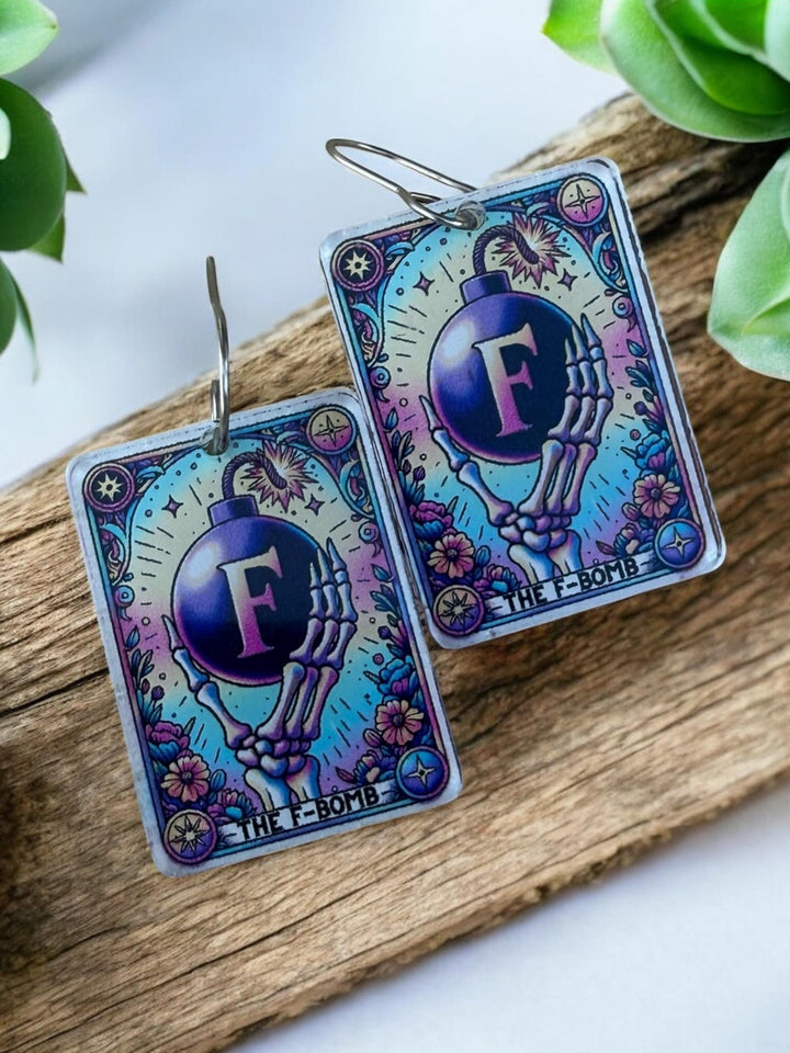 Quirky F-Bomb skeleton Halloween tarot card earrings by BubbleHead Ink