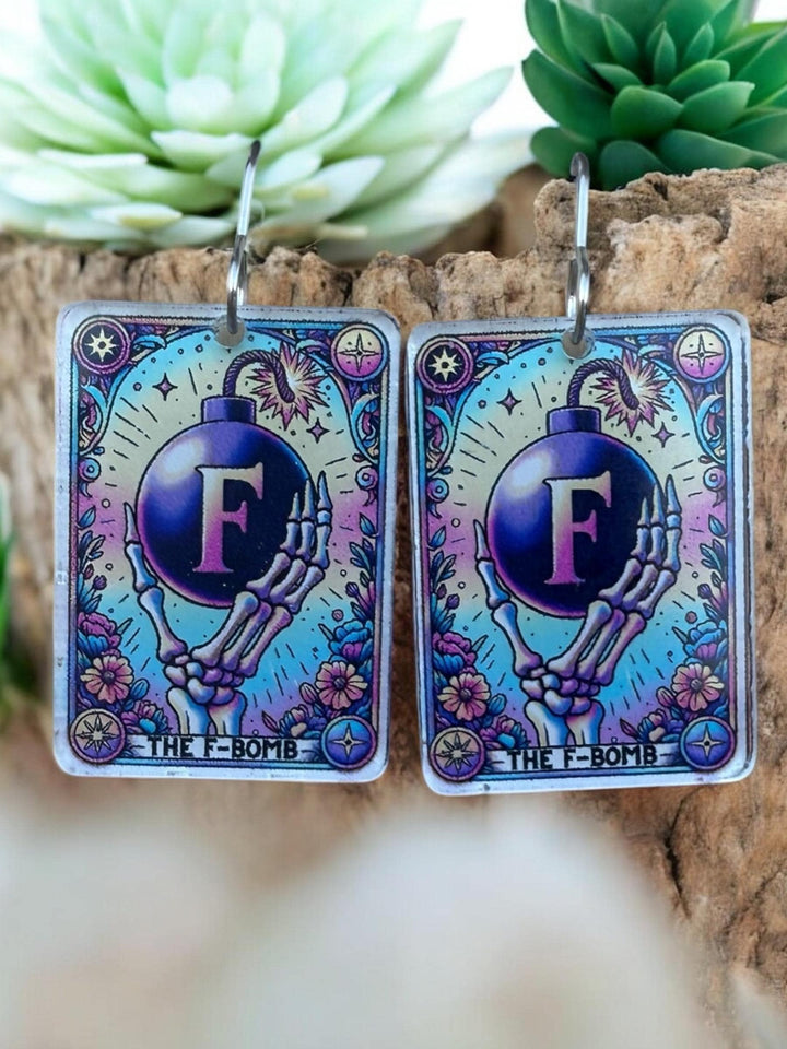 Quirky F-Bomb skeleton Halloween tarot card earrings by BubbleHead Ink