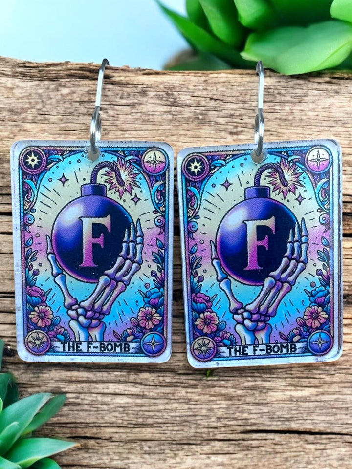 Quirky F-Bomb skeleton Halloween tarot card earrings by BubbleHead Ink