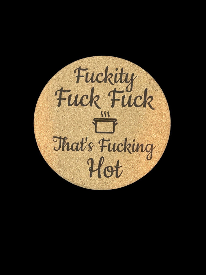 Funny engraved cork trivet hot pad housewarming gift by BubbleHead Ink