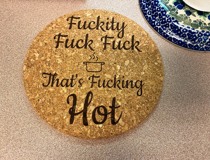 Funny engraved cork trivet hot pad housewarming gift by BubbleHead Ink