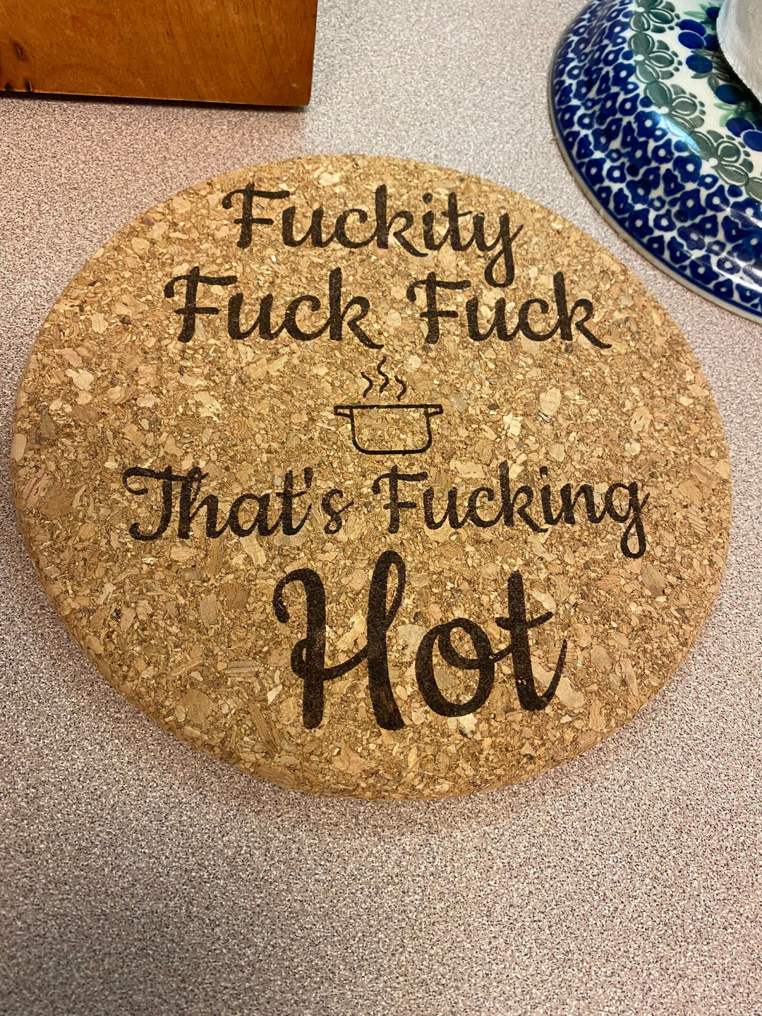 Funny engraved cork trivet hot pad housewarming gift by BubbleHead Ink