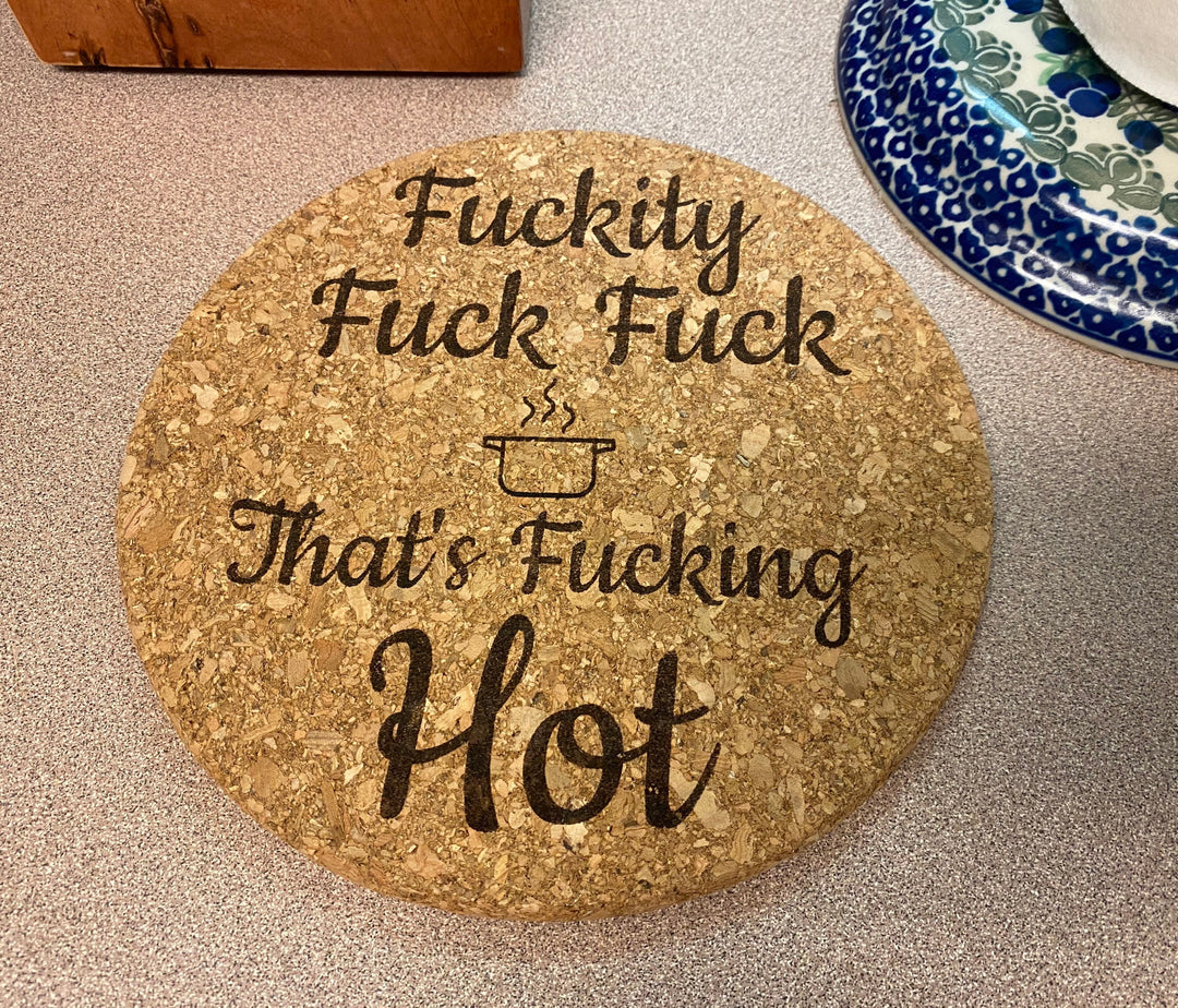 Funny engraved cork trivet hot pad housewarming gift by BubbleHead Ink