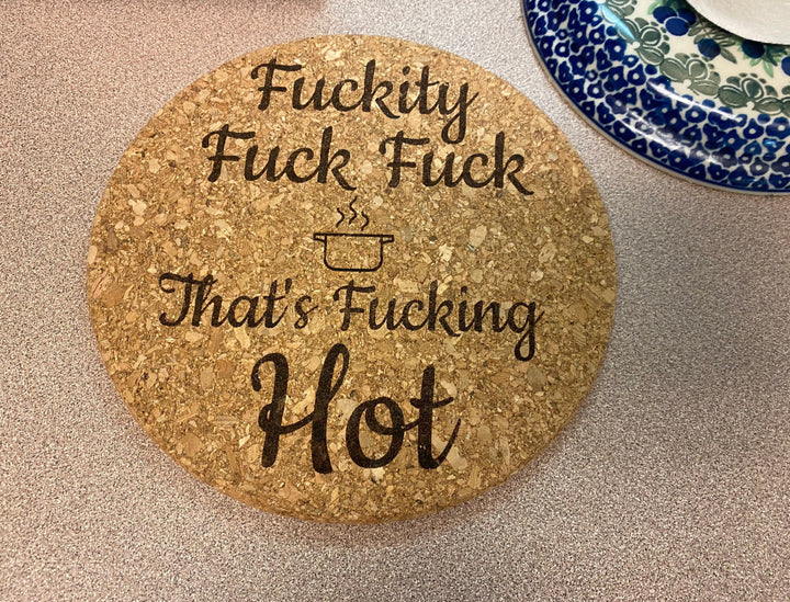 Funny engraved cork trivet hot pad housewarming gift by BubbleHead Ink