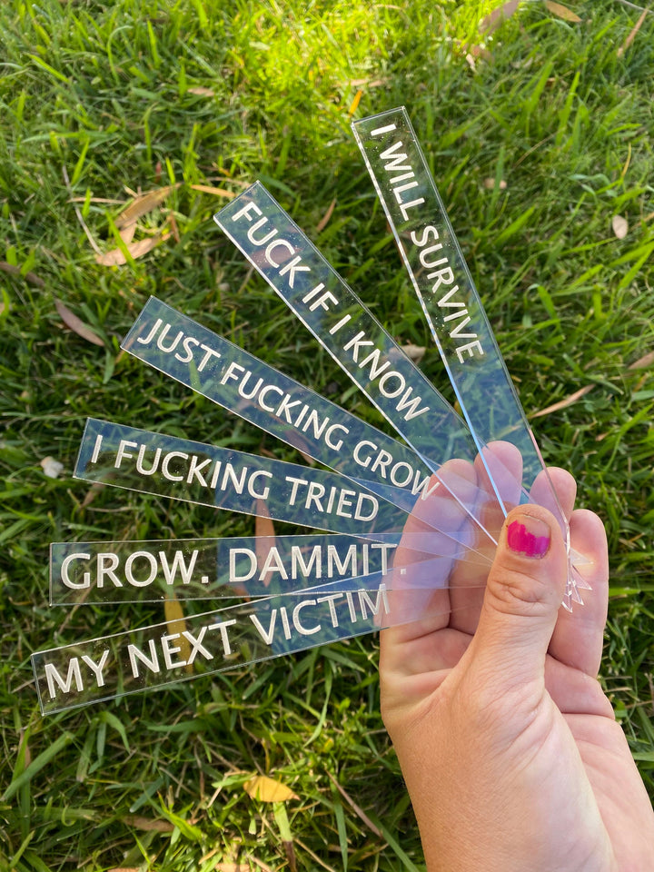 Black Thumb funny garden stakes and plant markers by BubbleHead Ink