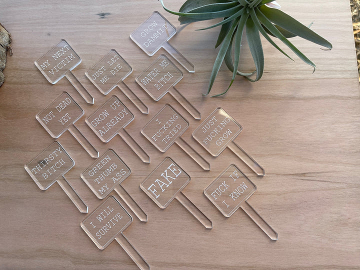 Snarky funny plant stakes and garden markers by BubbleHead Ink