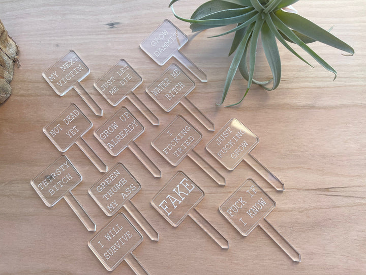 Snarky funny plant stakes and garden markers by BubbleHead Ink