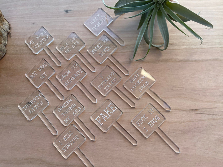 Snarky funny plant stakes and garden markers by BubbleHead Ink