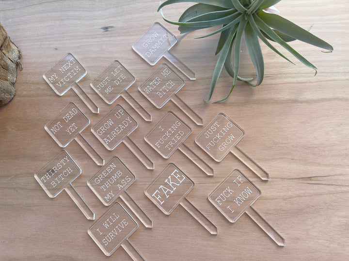 Snarky funny plant stakes and garden markers by BubbleHead Ink