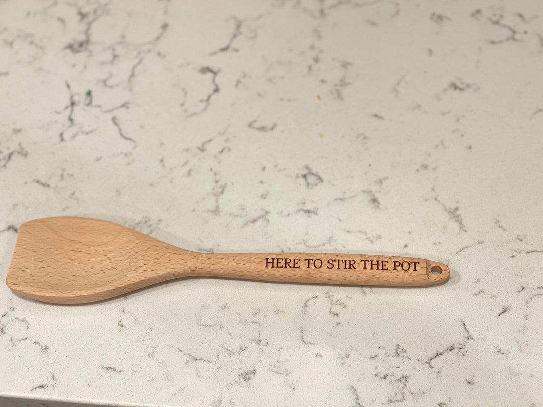 Here to Stir the Pot funny personalized engraved wooden spoon by BubbleHead Ink