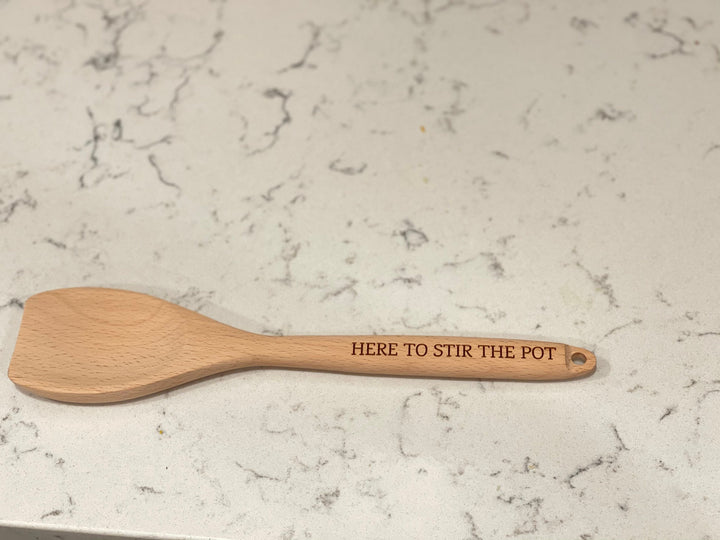 Here to Stir the Pot funny personalized engraved wooden spoon by BubbleHead Ink