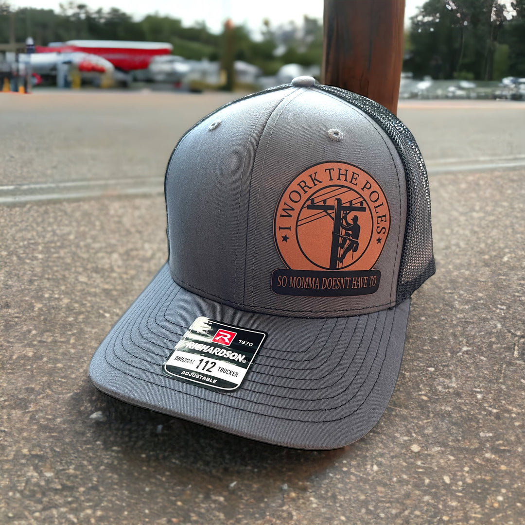 I Work The Poles So Momma Doesn't Have To funny lineman patch hat by BubbleHead Ink