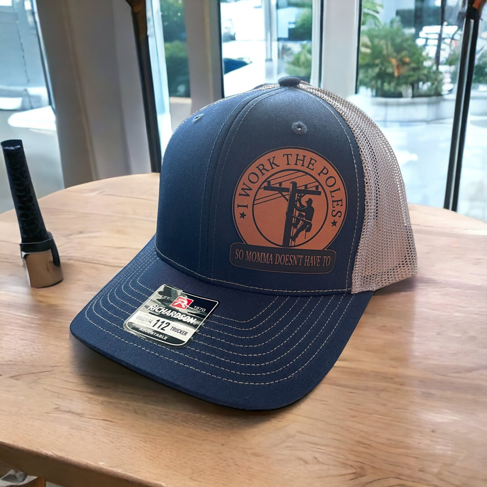 I Work The Poles So Momma Doesn't Have To funny lineman patch hat by BubbleHead Ink