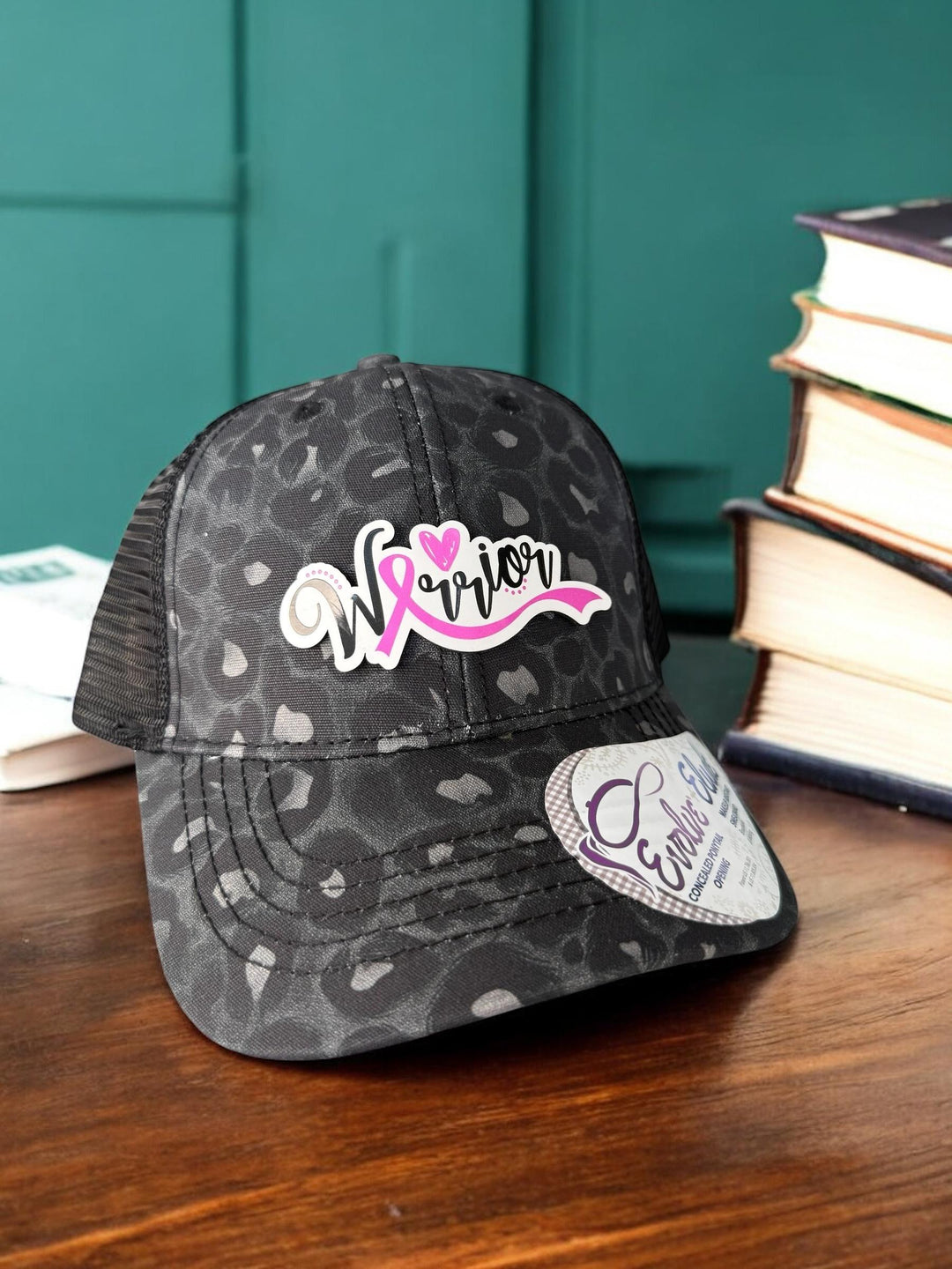 Leopard print breast cancer awareness pink ribbon ponytail hat by BubbleHead Ink