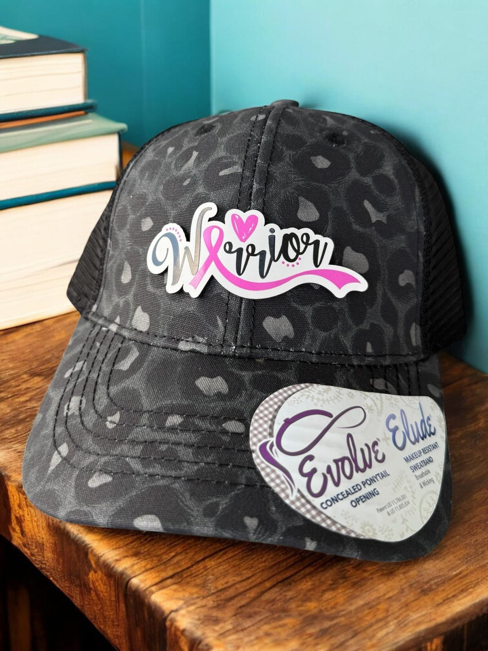 Leopard print breast cancer awareness pink ribbon ponytail hat by BubbleHead Ink
