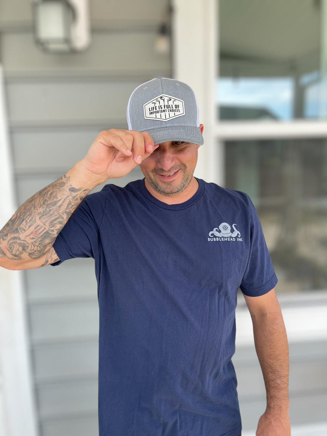 Life Is Full of Important Choices funny golf trucker hat by BubbleHead Ink